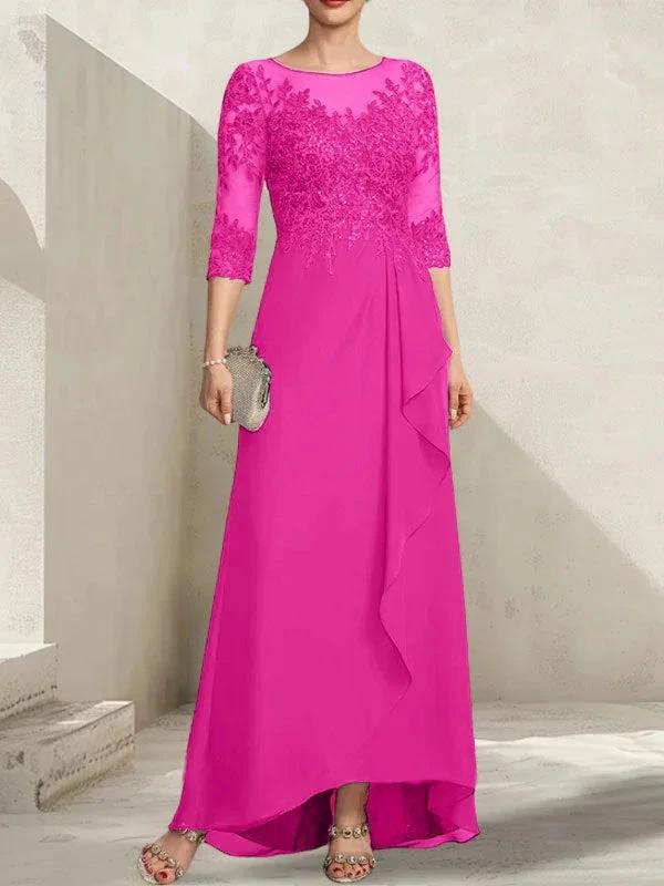 A-line Scoop Illusion Asymmetrical Lace Chiffon Mother of the Bride Dress With Sequins Cascading Ruffles by Dreamylily