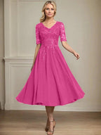 A-line V-Neck Tea-Length Lace Chiffon Mother of the Bride Dress With Sequins by Dreamylily