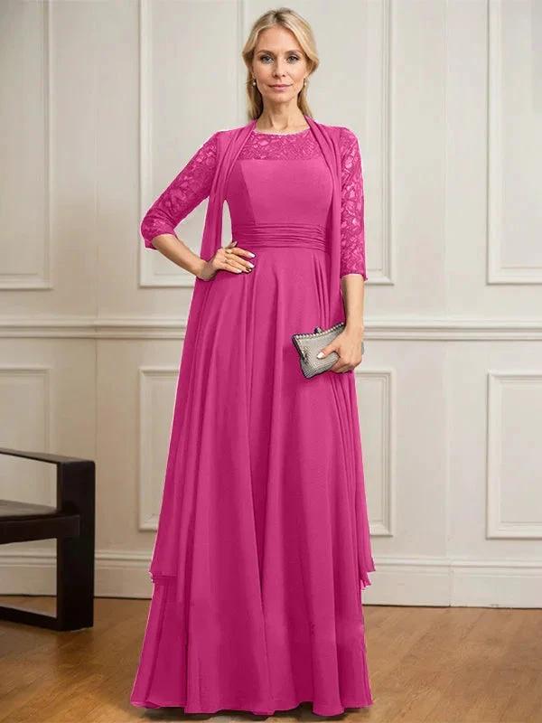 A-line Scoop Illusion Floor-Length Lace Chiffon Mother of the Bride Dress With Pleated by Dreamylily