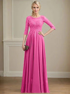 A-line Scoop Illusion Floor-Length Lace Chiffon Mother of the Bride Dress With Sequins by Dreamylily