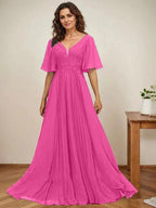 A-line V-Neck Floor-Length Chiffon Mother of the Bride Dress With Sequins Appliques Lace Pleated by Dreamylily