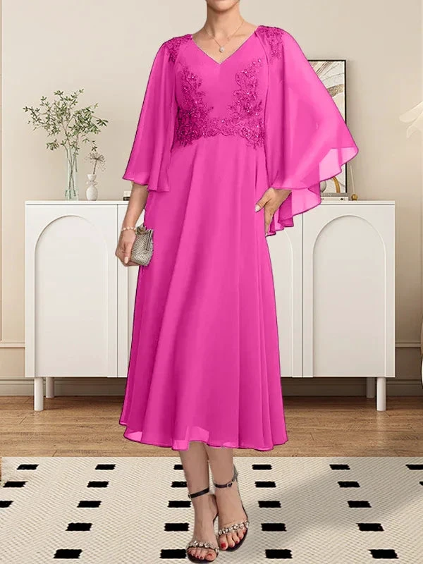 A-line V-Neck Tea-Length Chiffon Lace Mother of the Bride Dress With Beading Sequins by Dreamylily