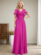 A-line V-Neck Floor-Length Lace Chiffon Mother of the Bride Dress With Sequins by Dreamylily