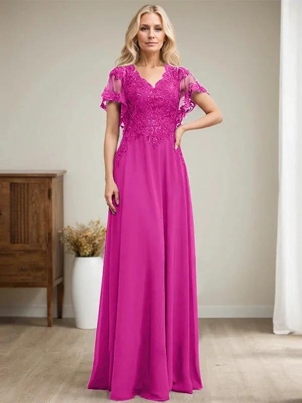 A-line V-Neck Floor-Length Lace Chiffon Mother of the Bride Dress With Sequins by Dreamylily