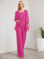 Separates Jumpsuit/Pantsuit Scoop Floor-Length Lace Chiffon Mother of the Bride Dress With Sequins