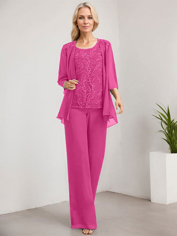 Separates Jumpsuit/Pantsuit Scoop Floor-Length Lace Chiffon Mother of the Bride Dress With Sequins