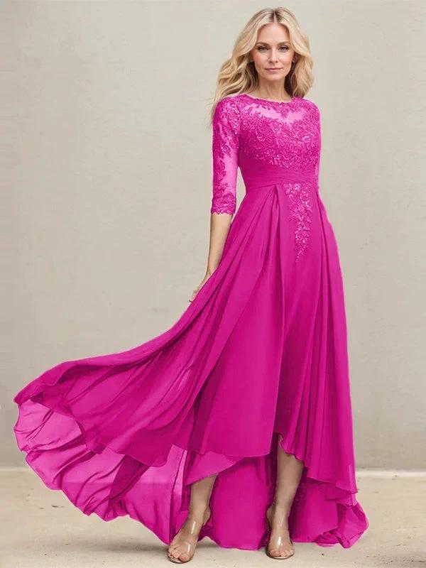 A-line Scoop Illusion Asymmetrical Lace Chiffon Mother of the Bride Dress With Pleated Sequins by Dreamylily