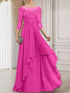 A-line Scoop Illusion Floor-Length Lace Chiffon Mother of the Bride Dress With Cascading Ruffles by Dreamylily