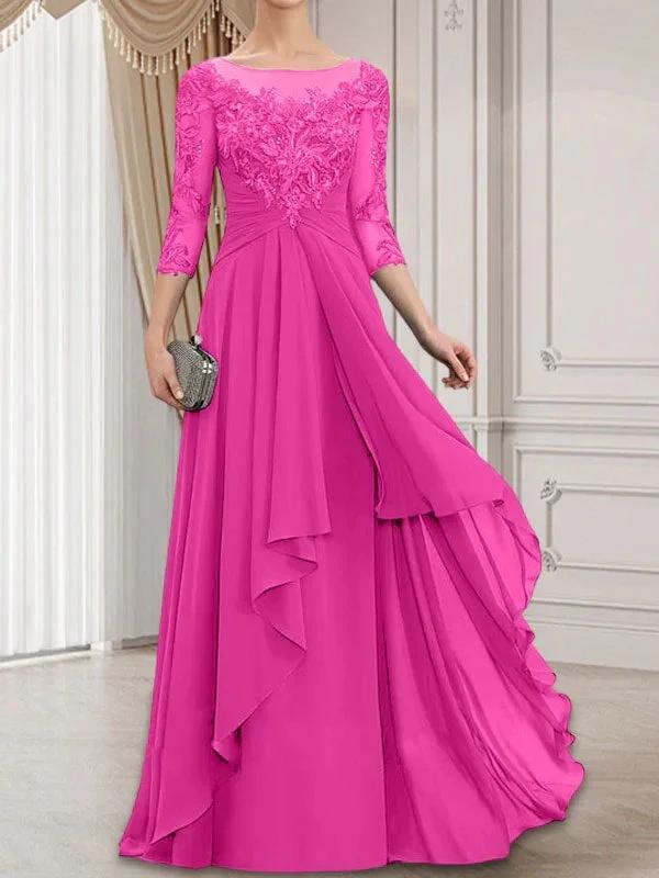 A-line Scoop Illusion Floor-Length Lace Chiffon Mother of the Bride Dress With Cascading Ruffles by Dreamylily