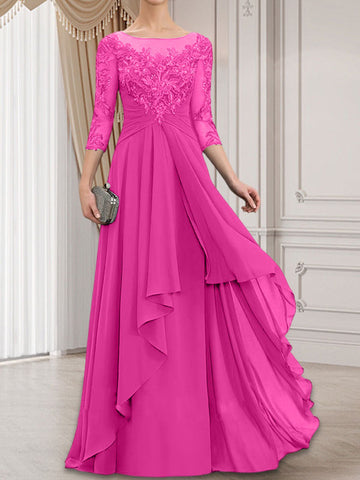 A-line Scoop Illusion Floor-Length Lace Chiffon Mother of the Bride Dress With Cascading Ruffles