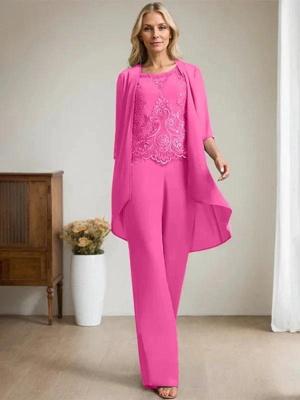 Separates Jumpsuit/Pantsuit Scoop Floor-Length Chiffon Lace Mother of the Bride Dress With Beading Sequins by Dreamylily