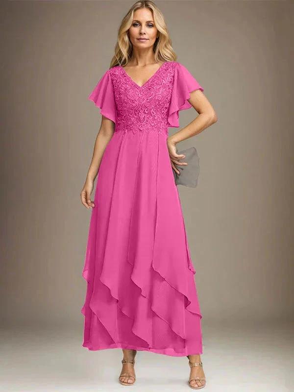 A-line V-Neck Ankle-Length Lace Chiffon Mother of the Bride Dress With Cascading Ruffles by Dreamylily