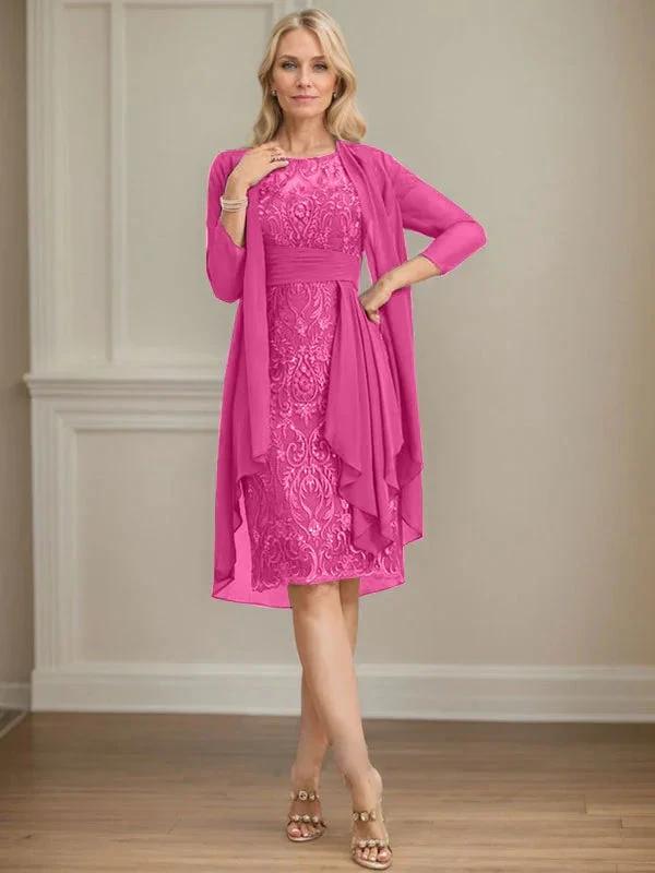 Sheath/Column Scoop Illusion Knee-Length Lace Chiffon Mother of the Bride Dress With Cascading Ruffles Sequins by Dreamylily