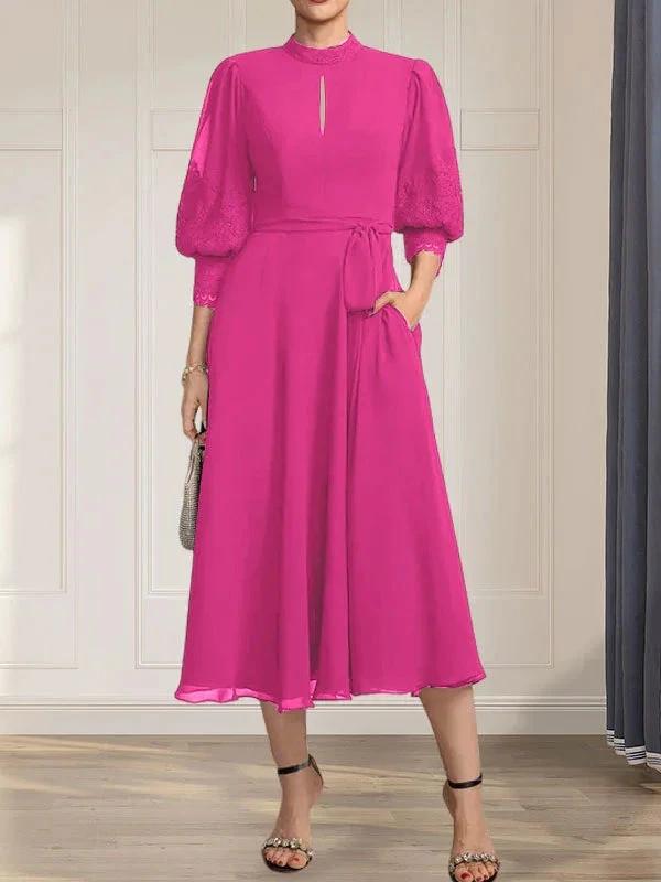 A-line High Neck Tea-Length Lace Chiffon Mother of the Bride Dress With Bow by Dreamylily