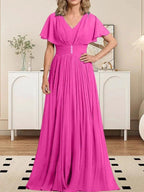 A-line V-Neck Floor-Length Chiffon Mother of the Bride Dress With Crystal Brooch Pleated by Dreamylily