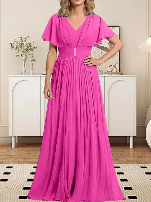 A-line V-Neck Floor-Length Chiffon Mother of the Bride Dress With Crystal Brooch Pleated by Dreamylily