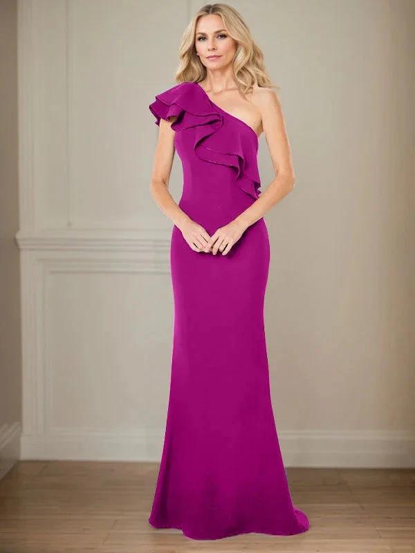 A-line One Shoulder Floor-Length Chiffon Mother of the Bride Dress With Ruffles by Dreamylily