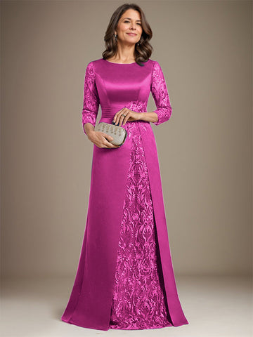 A-Linie U-Ausschnitt Bodenlang Spitze Satin Kleid für die Brautmutter mit Applikation 