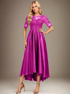 A-line Scoop Illusion Asymmetrical Stretch Satin Lace Mother of the Bride Dress With Sequins by Dreamylily