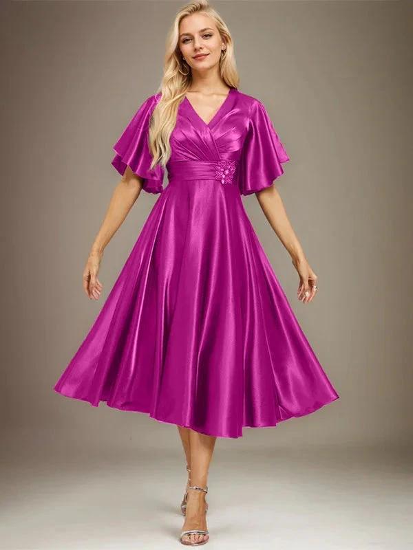 A-line V-Neck Tea-Length Stretch Satin Mother of the Bride Dress With Beading Pleated by Dreamylily