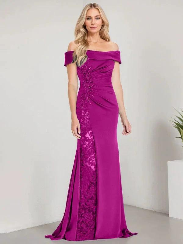 A-Line Off the Shoulder Floor-Length Mother of the Bride Dress Applique Beadings Mermaid Dress With High Split by Dreamylily