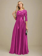 A-line Scoop Illusion Floor-Length Stretch Satin Lace Mother of the Bride Dress With Bow Sequins by Dreamylily