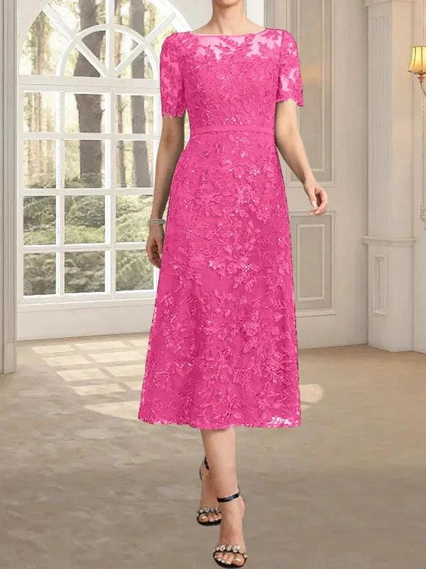 A-line Scoop Illusion Tea-Length Lace Mother of the Bride Dress With Sequins by Dreamylily