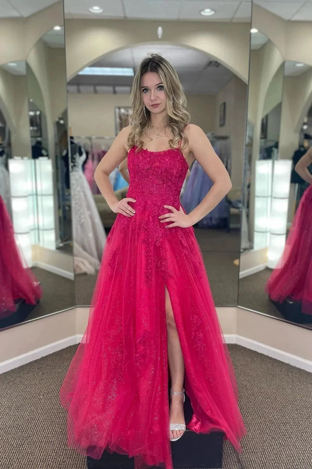 Fuchsia A-line Tulle Scoop Neckline Applique Slit Long Prom Dress PSK459 by pgmdress