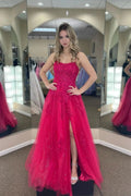 Fuchsia A-line Tulle Scoop Neckline Applique Slit Long Prom Dress PSK459 by pgmdress