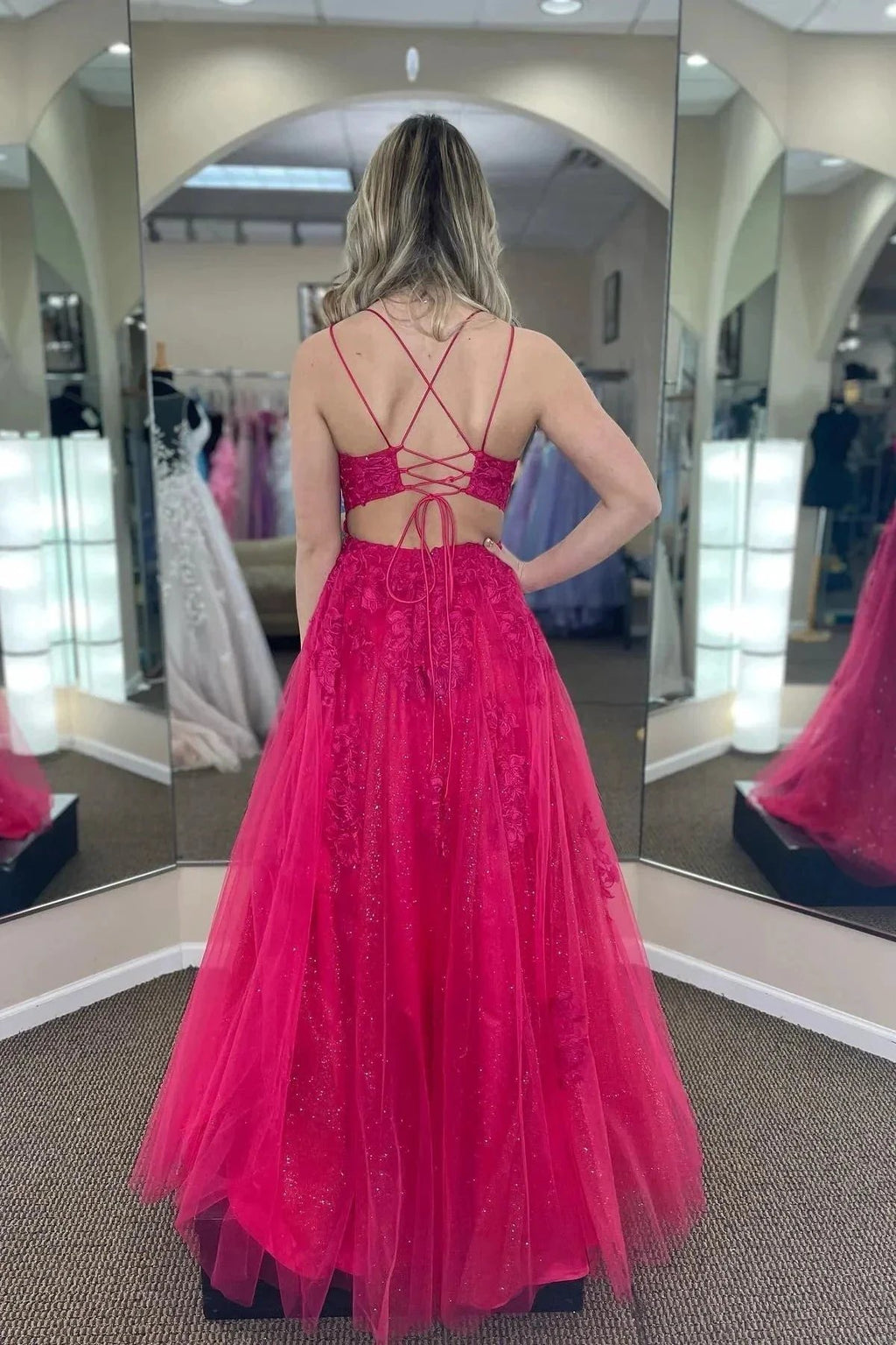 Fuchsia A-line Tulle Scoop Neckline Applique Slit Long Prom Dress PSK459 by pgmdress