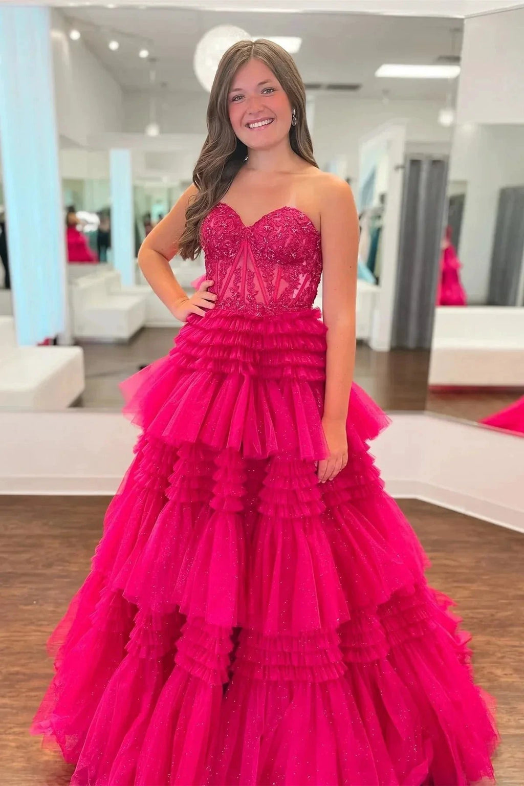 Fuchsia Multi-Layers Strapless Appliques A-line Tulle Long Prom Dress PSK451 by pgmdress