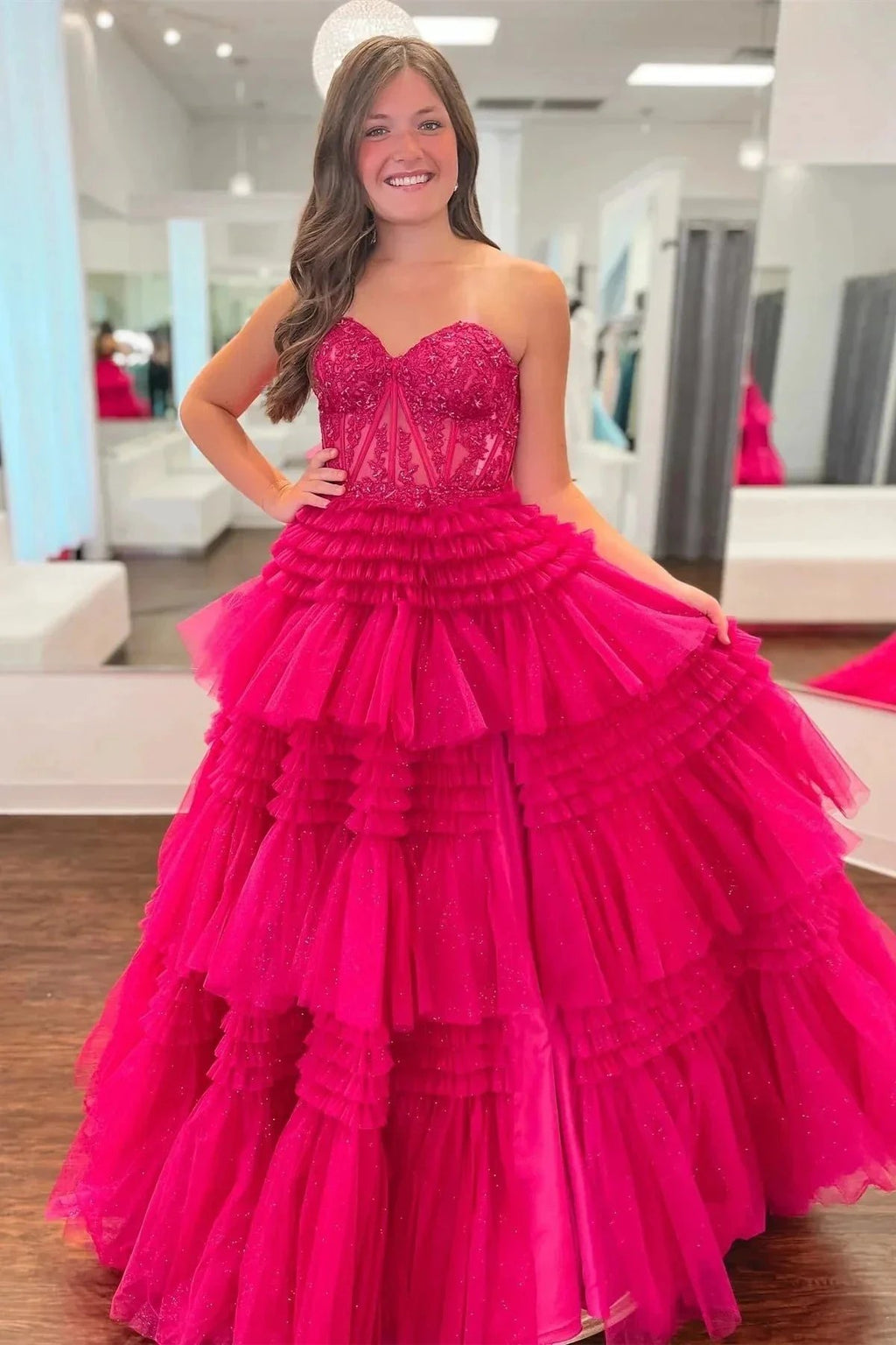 Fuchsia Multi-Layers Strapless Appliques A-line Tulle Long Prom Dress PSK451 by pgmdress