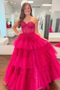 Fuchsia Multi-Layers Strapless Appliques A-line Tulle Long Prom Dress PSK451 by pgmdress