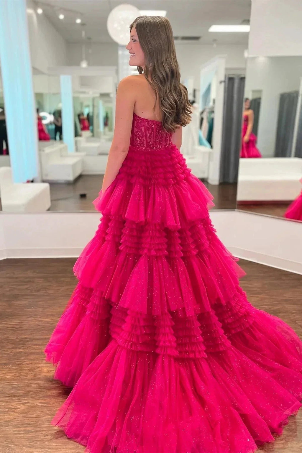 Fuchsia Multi-Layers Strapless Appliques A-line Tulle Long Prom Dress PSK451 by pgmdress