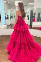 Fuchsia Multi-Layers Strapless Appliques A-line Tulle Long Prom Dress PSK451 by pgmdress