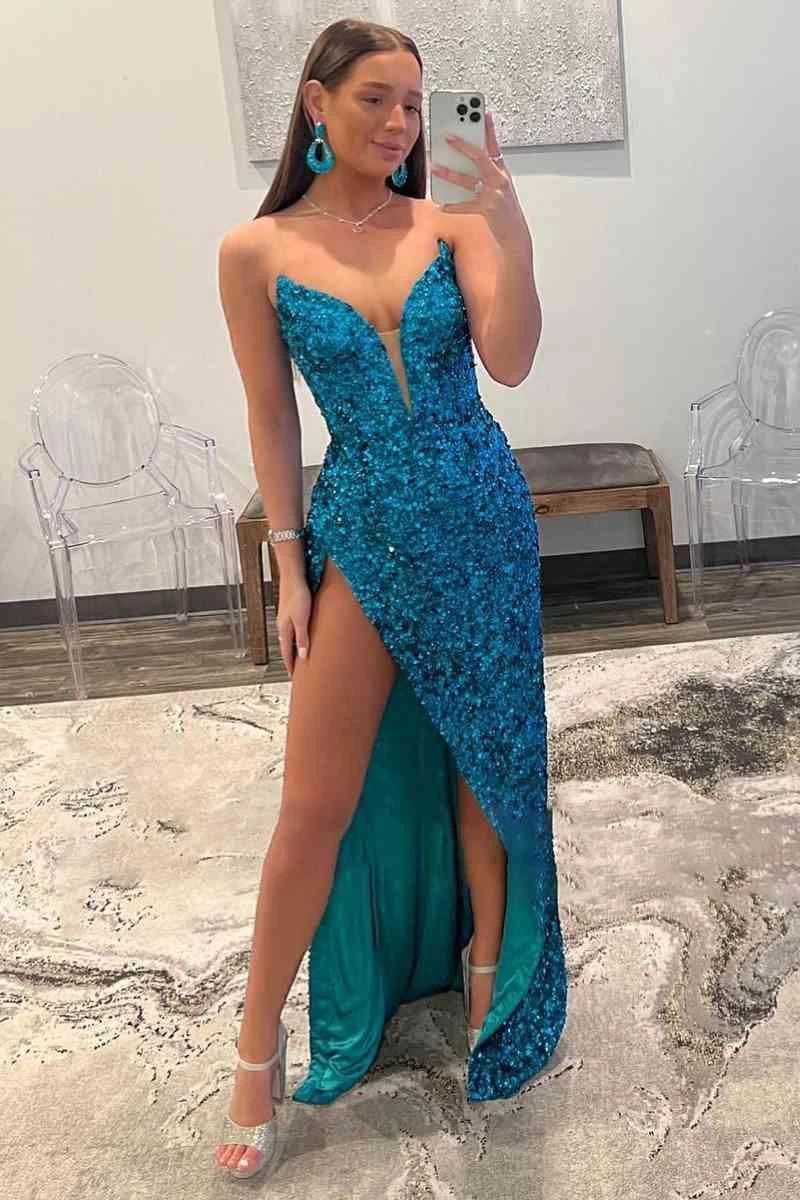 Strapless Sequin Prom Dress With Slit SYP112 by vivymakudress