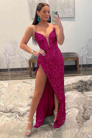 Vestido de fiesta de lentejuelas sin tirantes con abertura SYP112 
