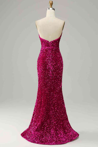 Vestido de fiesta de lentejuelas sin tirantes con abertura SYP112 