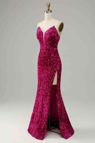 Vestido de fiesta de lentejuelas sin tirantes con abertura SYP112 