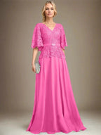 A-line V-Neck Floor-Length Chiffon Lace Mother of the Bride Dress With Crystal Brooch Rhinestone by Dreamylily