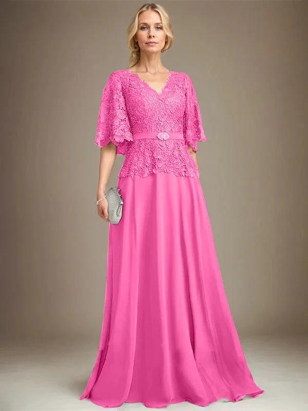 A-line V-Neck Floor-Length Chiffon Lace Mother of the Bride Dress With Crystal Brooch Rhinestone by Dreamylily