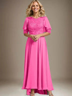 A-line Scoop Illusion Asymmetrical Chiffon Lace Mother of the Bride Dress With Beading by Dreamylily
