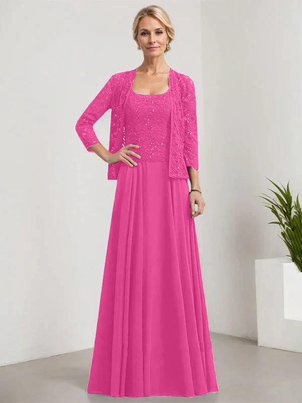 A-line Square Floor-Length Lace Chiffon Mother of the Bride Dress With Sequins by Dreamylily