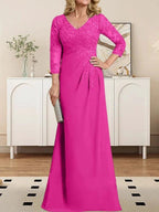 Sheath/Column V-Neck Illusion Floor-Length Lace Chiffon Mother of the Bride Dress With Pleated Sequins by Dreamylily
