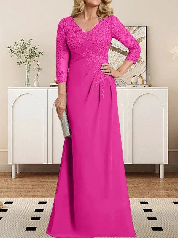 Sheath/Column V-Neck Illusion Floor-Length Lace Chiffon Mother of the Bride Dress With Pleated Sequins by Dreamylily