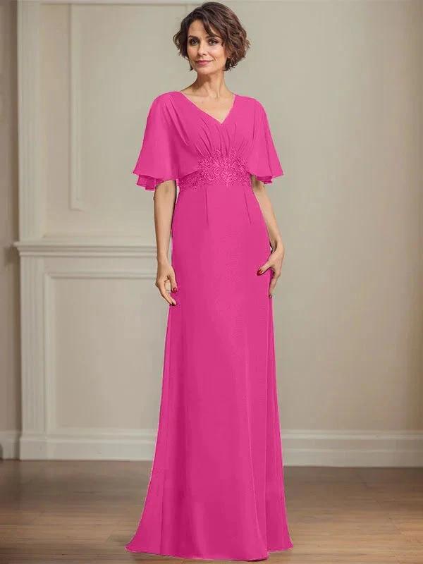 A-line V-Neck Floor-Length Chiffon Mother of the Bride Dress With Pleated Sequins Appliques Lace by Dreamylily