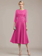 A-line Scoop Tea-Length Lace Chiffon Mother of the Bride Dress by Dreamylily