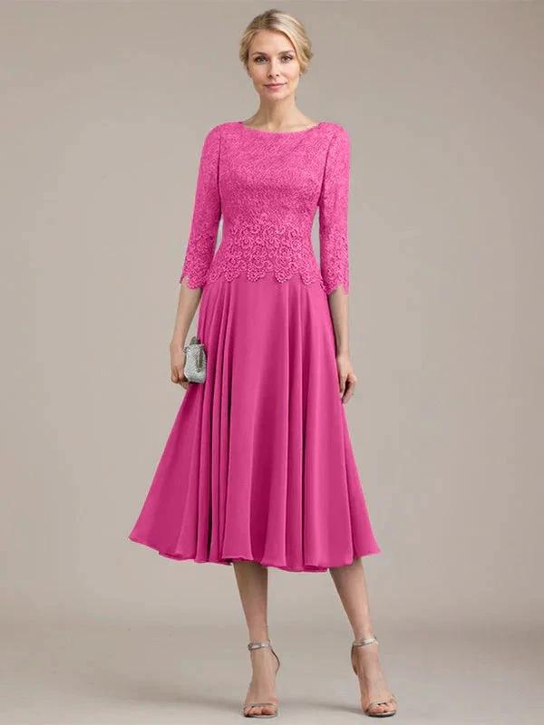 A-line Scoop Tea-Length Lace Chiffon Mother of the Bride Dress by Dreamylily