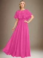 A-line Boat Neck Floor-Length Lace Chiffon Mother of the Bride Dress With Applique Sequins by Dreamylily