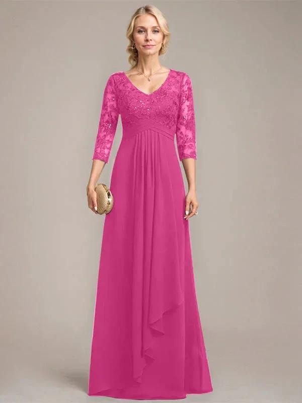 A-line V-Neck Floor-Length Lace Chiffon Mother of the Bride Dress With Cascading Ruffles Sequins by Dreamylily
